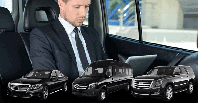St. Louis Corporate Fleet - Luxury Sedan, Sprinter, and Escalade A professional businessman in a suit sitting in a vehicle above a lineup of a black luxury sedan, a Mercedes-Benz Sprinter van, and a Cadillac Escalade, representing the Gateway Limousine fleet in St. Louis and Clayton.