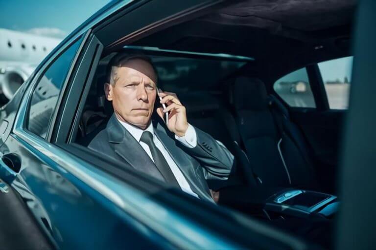 St. Louis Executive Airport Car Service - Corporate Passenger A professional businessman in a suit talking on a cell phone in the backseat of a luxury black sedan, representing Gateway Limousine's executive airport car service in St. Louis.