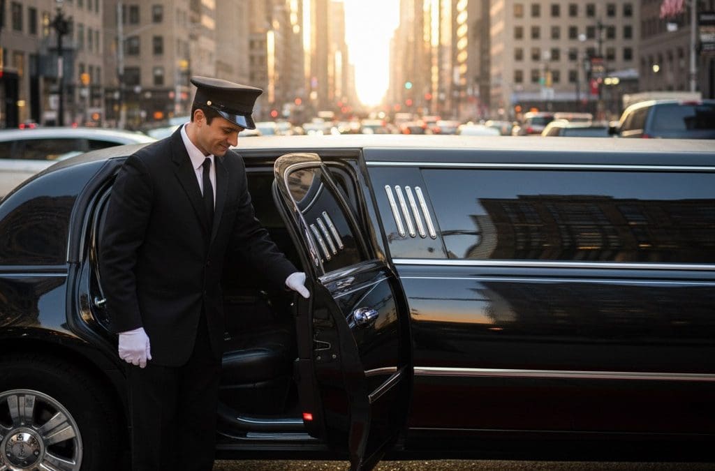 A professional chauffeur in a black suit and cap opening the door of a black stretch limousine for passengers on a red carpet in St. Charles, MO.