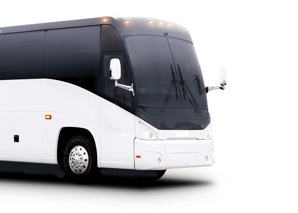 A large white luxury motorcoach bus with tinted windows, designed for high-capacity group airport transportation and corporate event shuttle services, or STL airport car service in St. Louis and Chesterfield.