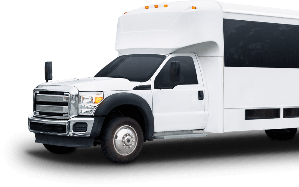 Book a St. Louis Blues Game Limo | Gateway Black Car Service 7 A white Ford luxury executive shuttle bus with tinted windows and chrome grille, used for group transportation, corporate events, and airport transfer services in St. Louis.