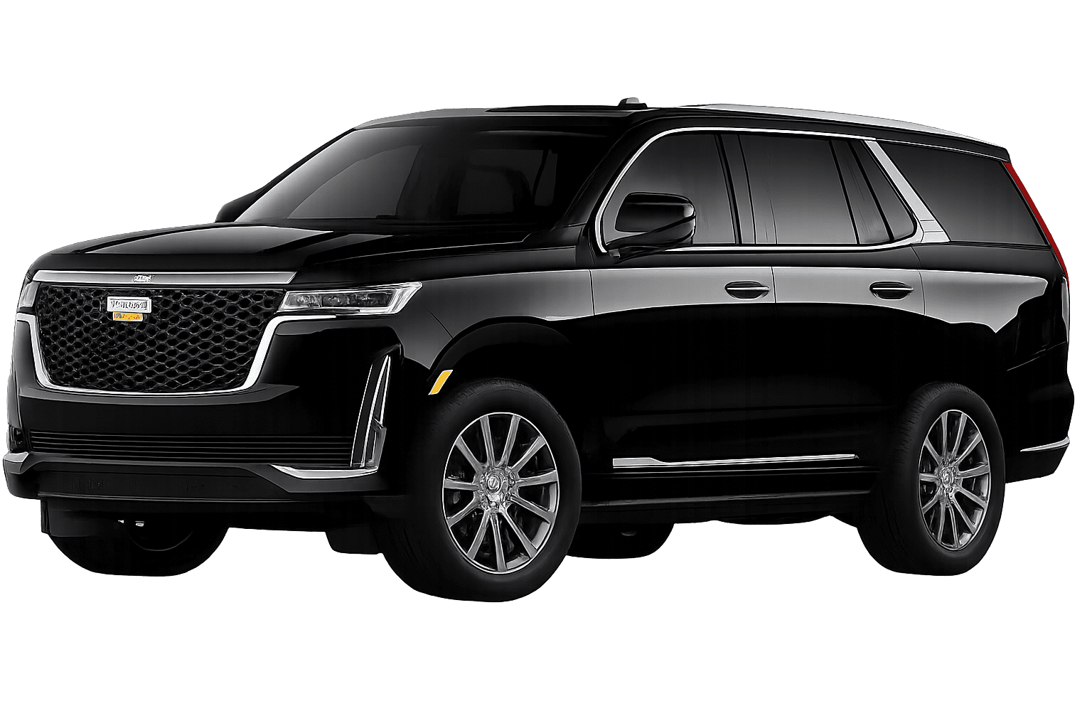 A professional front three-quarter view of a black Cadillac Escalade luxury SUV on a transparent background, part of the premium executive fleet for Gateway Limousine & Black Car Service.