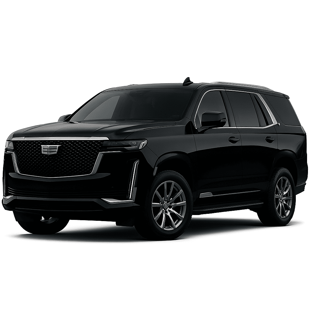 Book a St. Louis Blues Game Limo | Gateway Black Car Service 5 A sleek, black Cadillac Escalade luxury SUV parked against a white background, representing the premium executive fleet for Gateway Limousine & Black Car Service in St. Louis.