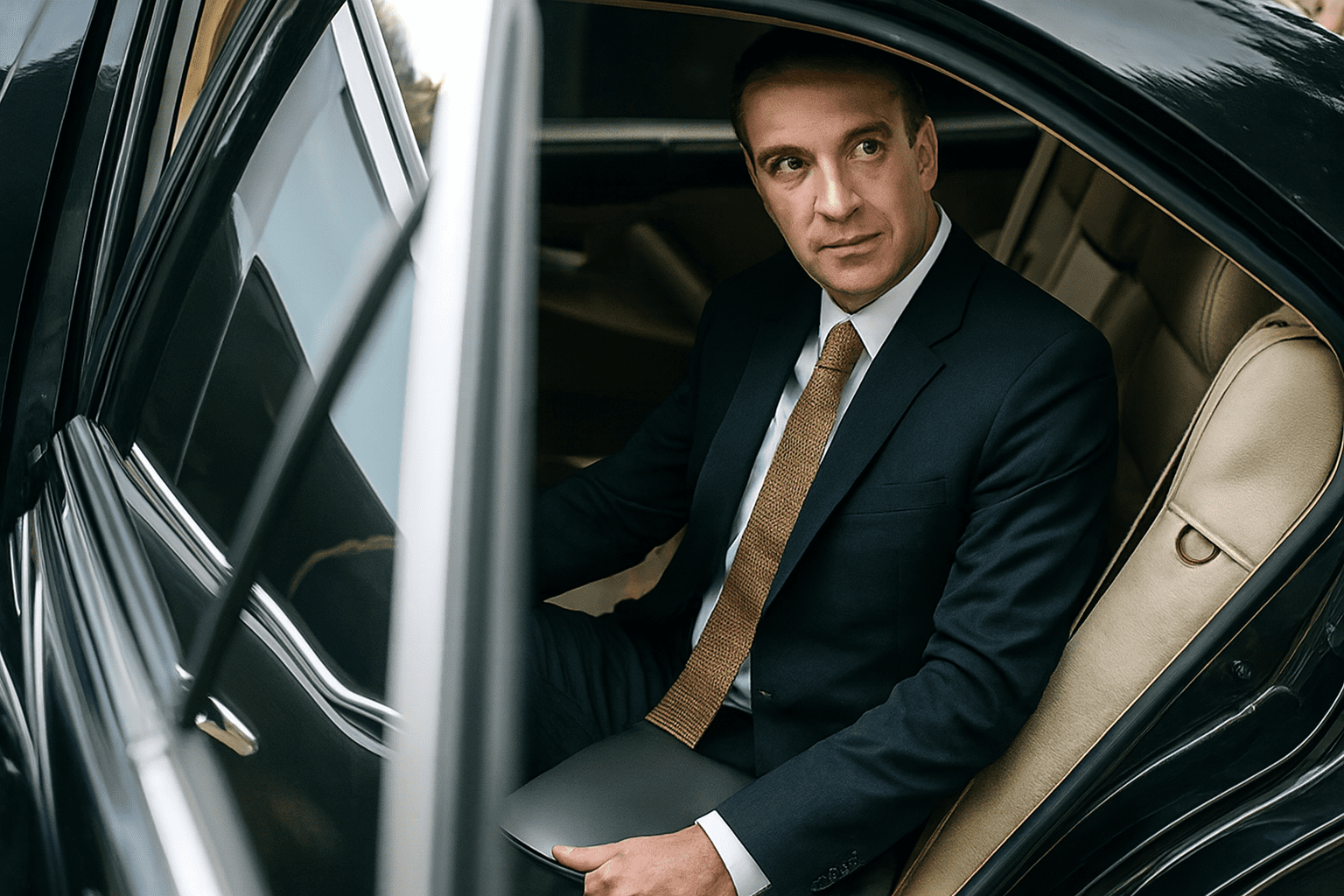 Our Blogs 7 A professional businessman in a dark suit sitting in the back of a luxury black car, representing the premium chauffeur service for airport transfers and corporate travel in St. Louis.