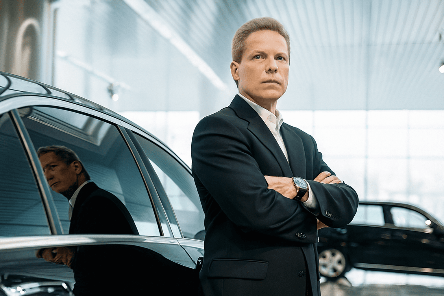 Our Blogs 3 A professional chauffeur in a dark suit standing with arms crossed next to a luxury black sedan, showcasing the elite corporate travel and limousine services provided by Gateway Limousine in St. Louis.