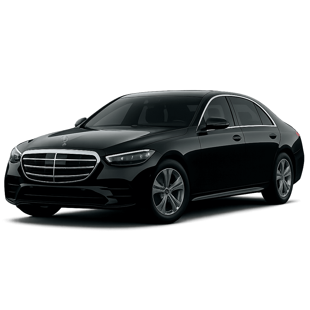 A professional front three-quarter view of a black Mercedes-Benz S-Class luxury sedan on a transparent background, part of the premium fleet for Gateway Limousine & Black Car Service in St. Louis.